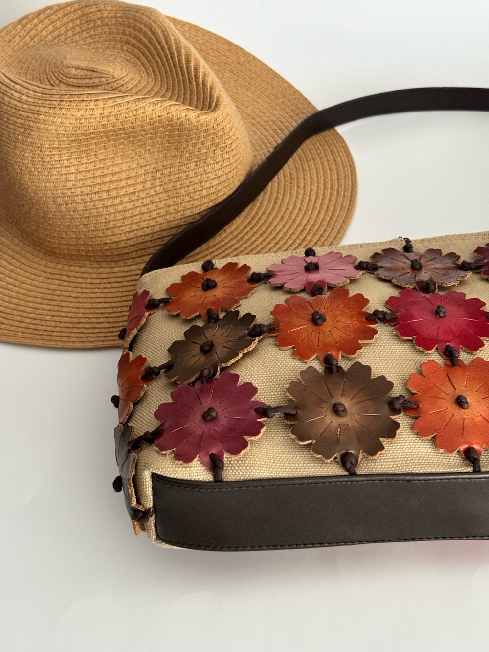 Rolfs Linen & Leather Floral Appliqué Shoulder Bag Boho - Picture 2 of 6
